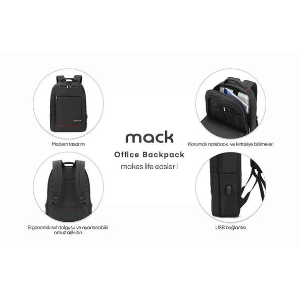 Mack MCC-007 17.3" Office USB Girişli Notebook Sırt Çantası Siyah (Dahili USB Şarj Portu) ürün görseli 1