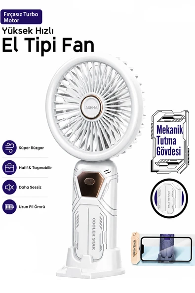 Şarjlı Mini El Fanı Telefon Standlı Vantilatör 1200mAh Yüksek Hızlı 3 Fazlı Fırçasız Motor 5 Kademe ürün görseli 1