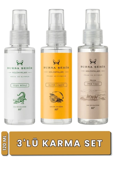 Bursa Şehir Kolonyaları, 120 ml Sprey Karma Kolonya Set, Altın Limon, Yeşil Beyaz, İpek Yolu ürün görseli 1
