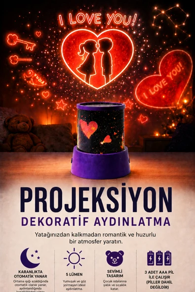 Projeksiyon Dekoratif Aydınlatma Kalp Yıldız I Love You Temalı 3D Yansıtma Gece Lambası 2 Modlu ürün görseli 1
