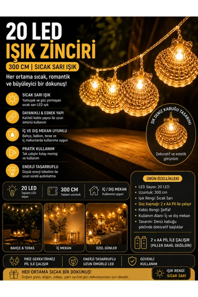 Deniz Kabuğu LED Işık Zinciri 300 CM 20 LED Sıcak Sarı Işık Dekoratif Ortam Aydınlatması ürün görseli 1