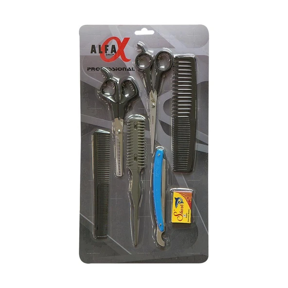 Alfa Set24 6Lı Berber Seti + Ense Fırçası + Penuar - Resim 4