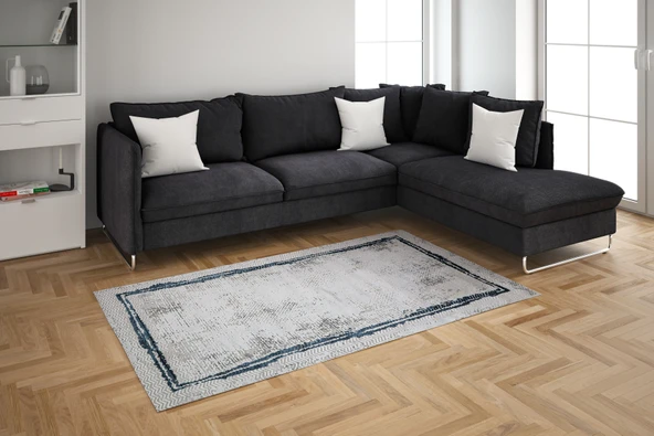 Nostalji Seri Çerçeveli Krem Lacivet Altı Kaymaz Makine Dokuma Halı | 13635 80 X 300 ürün görseli 1