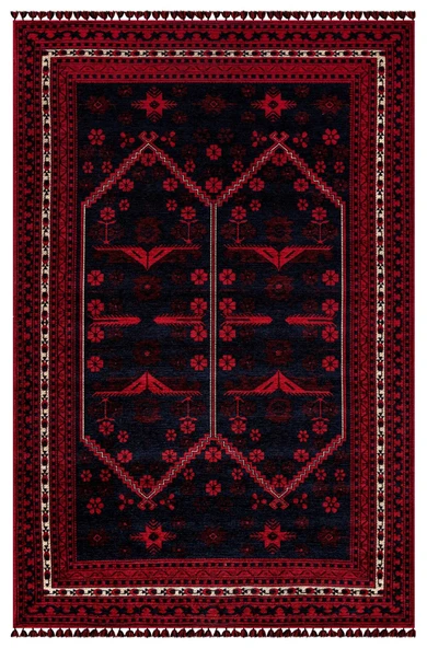 Kırmızı Renkli Afgan Tarzı Altı Kaymaz Şönil Kilim 80 X 150 ürün görseli 1