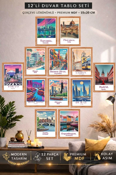 UNT 12 Parça Ahşap Çerçeve Görünümlü Travel Dünya Şehirleri Sanatsal Tablo Seti Çok Renkli 15 x 20 ürün görseli 1