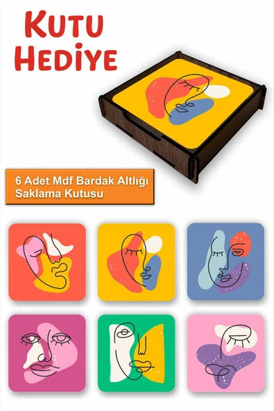 UNT 6’lı Minimal Line Art Desenli MDF Bardak Altlığı Seti – Ahşap Saklama Kutulu, Kutu Hediye ürün görseli 1