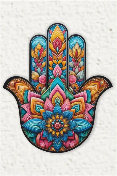 UNT Ahşap Hamsa Fatma Ana Bereket Eli Duvar Süsü Tablo RENKLİ BASKI 48 x 40 ürün görseli 1
