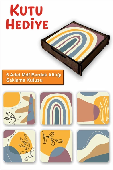 UNT 6’lı MDF Bardak Altlığı Saklama Kutulu – Boho Temalı ürün görseli 1