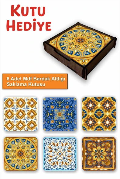 UNT Çini Desenli 6’lı MDF Bardak Altlığı Seti | Renkli Pop Art Tasarım | Ahşap Kutu Hediyeli ürün görseli 1