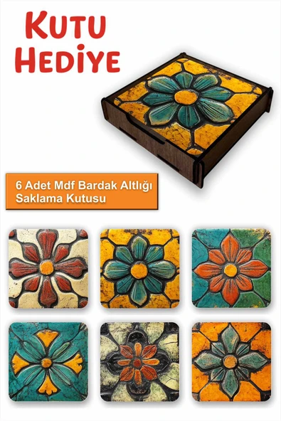 UNT 6’lı MDF Bardak Altlığı Saklama Kutulu –Mandala Temalı ürün görseli 1