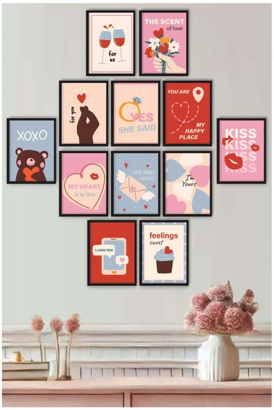 UNT Sevgililer Günü Aşk Temalı 12’li MDF Çerçeve Görünümlü Duvar Tablo Seti – Modern Romantik Dekor Çok Renkli 15 x 20 ürün görseli 1
