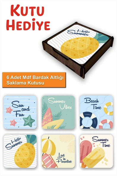UNT 6’lı MDF Bardak Altlığı Saklama Kutulu – Yaz Temalı ürün görseli 1