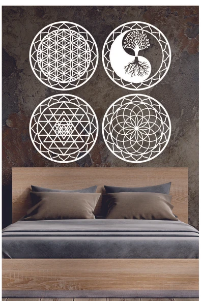 UNT 4 1ü Kutsal Geometri Seti ( Yaşam Çiçeği, Sri Yantra, Torus ve Yin Yang Ağaç) Beyaz 20 x 20 ürün görseli 1