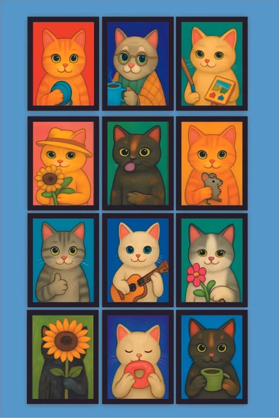 UNT 12 Parça Kedi Tablo Seti Çerçeve Görüntülü Kedili Mdf Tablo Seti Siyah Çerçeve Görünümlü Çok Renkli 15 x 20 ürün görseli 1