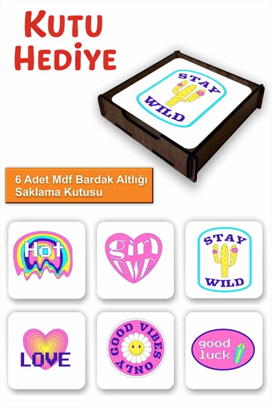 UNT Eğlenceli Renkli 6’lı MDF Bardak Altlığı Seti | Renkli Pop Art Tasarım | Ahşap Kutu Hediyeli ürün görseli 1