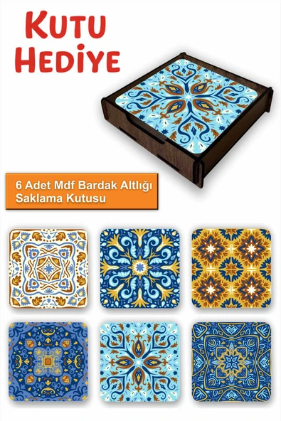 UNT Çini Desenli 6’lı MDF Bardak Altlığı Seti | Renkli Pop Art Tasarım | Ahşap Kutu Hediyeli ürün görseli 1