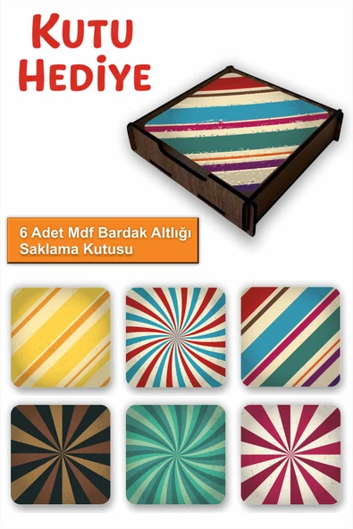 UNT Eğlenceli Renkli 6’lı MDF Bardak Altlığı Seti | Renkli Pop Art Tasarım | Ahşap Kutu Hediyeli ürün görseli 1