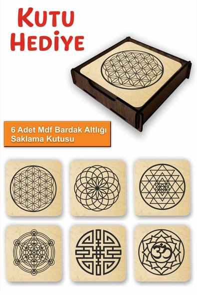 UNT Kutsal Geometri 6’lı MDF Bardak Altlığı Seti Ahşap Kutu Hediyeli ürün görseli 1