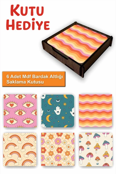 UNT Eğlenceli Renkli 6’lı MDF Bardak Altlığı Seti | Renkli Pop Art Tasarım | Ahşap Kutu Hediyeli ürün görseli 1