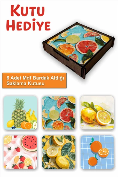UNT 6’lı MDF Bardak Altlığı Saklama Kutulu – Meyveler Temalı ürün görseli 1