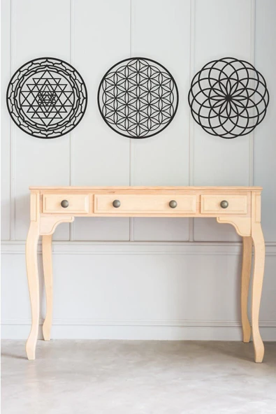 UNT 3'lü Kutsal Geometri Yaşam Çiçeği Sri Yantra Mandala Ve Torus Duvar Dekoru,ahşap Dekoratif Tablo Siyah 48 x 48 ürün görseli 1