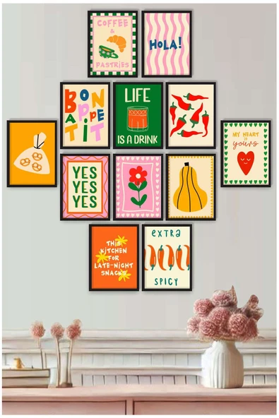 UNT Renkli Retro Yazılı 12’li Mutfak ve Kafe Duvar Tablo Seti – MDF Üzeri UV Baskı 15x20 cm Çok Renkli 20 x 15 ürün görseli 1