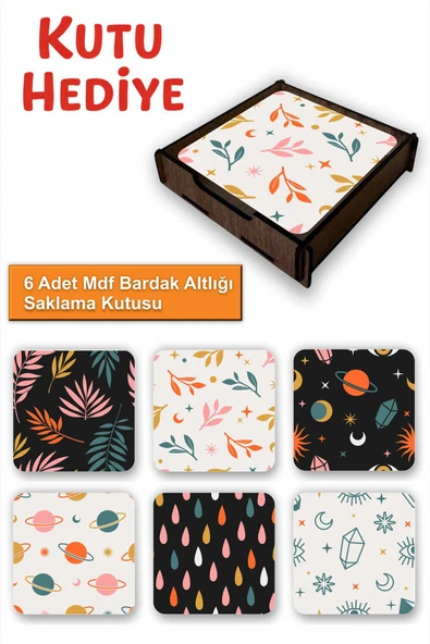 UNT Eğlenceli Renkli 6’lı MDF Bardak Altlığı Seti | Renkli Pop Art Tasarım | Ahşap Kutu Hediyeli ürün görseli 1
