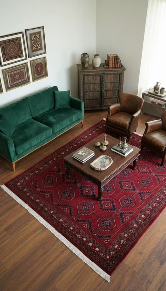 NAKIŞ Serisi Kırmızı Zeminli Geometrik Motifli Şık Salon Halısı | AF316 RED 160 X 230 ürün görseli 1