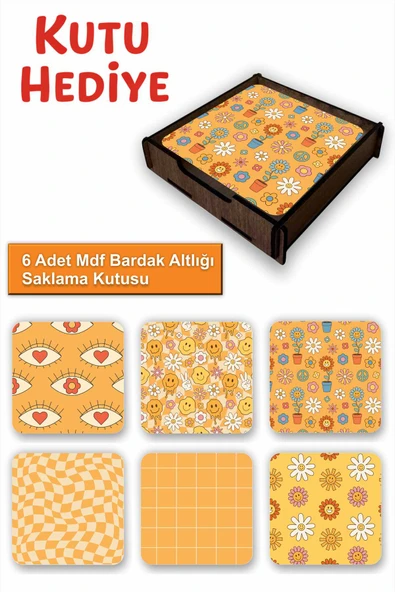 UNT Eğlenceli Renkli 6’lı MDF Bardak Altlığı Seti | Renkli Pop Art Tasarım | Ahşap Kutu Hediyeli ürün görseli 1