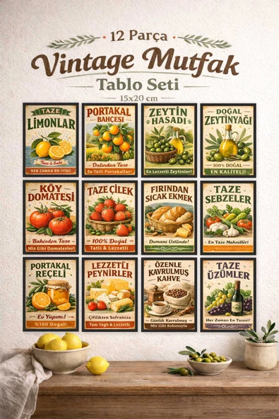 UNT Vintage Mutfak Tablo Seti 12 Parça 15x20 cm – Retro Gıda Temalı Dekoratif Duvar Tablosu Çok Renkli 15 x 20 ürün görseli 1