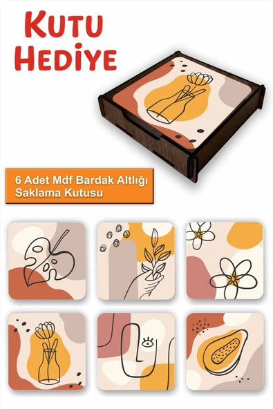 UNT 6’lı Minimal Line Art Desenli MDF Bardak Altlığı Seti – Ahşap Saklama Kutulu, Kutu Hediye ürün görseli 1