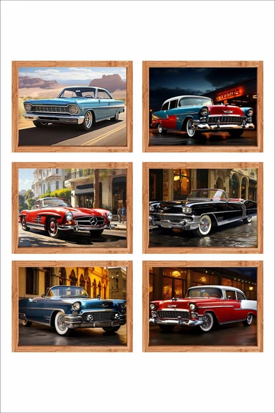 UNT Klasik Araba Temalı 6’lı Duvar Tablo Seti – Retro Vintage Car Poster Dekorasyonu Çok Renkli 15 x 20 ürün görseli 1