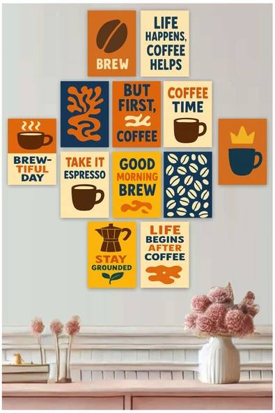 UNT Kahve Temalı 12’li Retro Duvar Tablo Seti 15x20 cm MDF Baskı Esprili Sloganlı Çok Renkli 15 x 20 ürün görseli 1