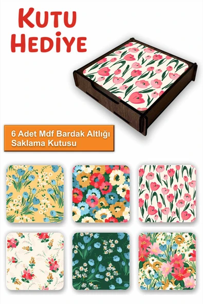 UNT 6’lı MDF Bardak Altlığı Saklama Kutulu – Çiçekler Temalı ürün görseli 1