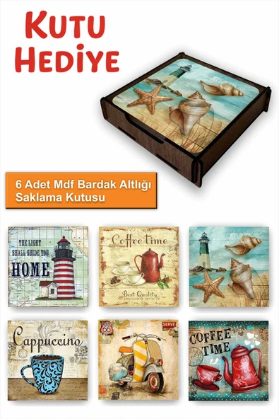 UNT 6’lı MDF Bardak Altlığı Saklama Kutulu ürün görseli 1