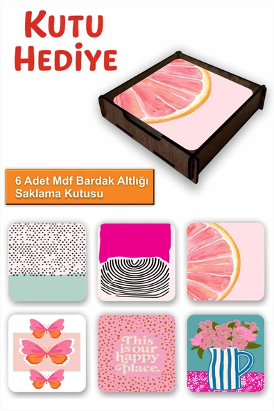 UNT Eğlenceli Renkli 6’lı MDF Bardak Altlığı Seti | Renkli Pop Art Tasarım | Ahşap Kutu Hediyeli ürün görseli 1