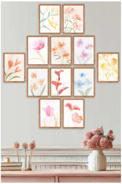 UNT Çerçeve Görünümlü Pastel Çiçekler Duvar Tablosu Seti – Minimal Suluboya Çiçek Posterleri (12’li Set) Çok Renkli 15 x 20 ürün görseli 1