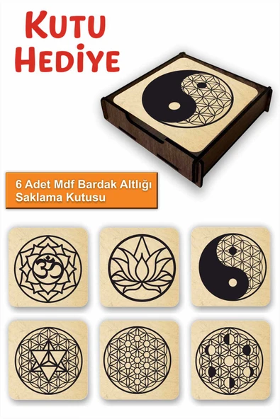 UNT Kutsal Geometri 6’lı MDF Bardak Altlığı Seti | Mandala & Yin Yang | Ahşap Kutu Hediyeli ürün görseli 1