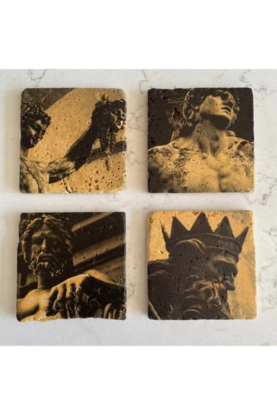 UNT Taş Bardak Altlığı Stone Coasters - 4 Lü Set Mitoloji Temalı ürün görseli 1