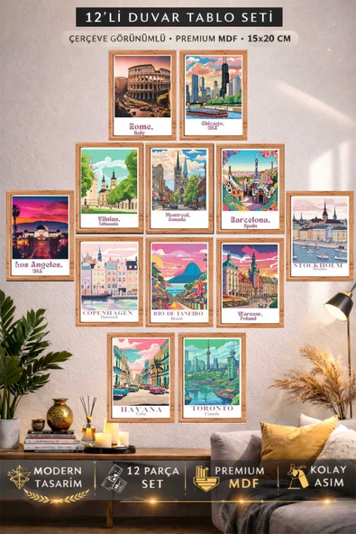 UNT 12 Parça Ahşap Çerçeve Görünümlü Travel Dünya Şehirleri Sanatsal Tablo Seti Çok Renkli 15 x 20 ürün görseli 1