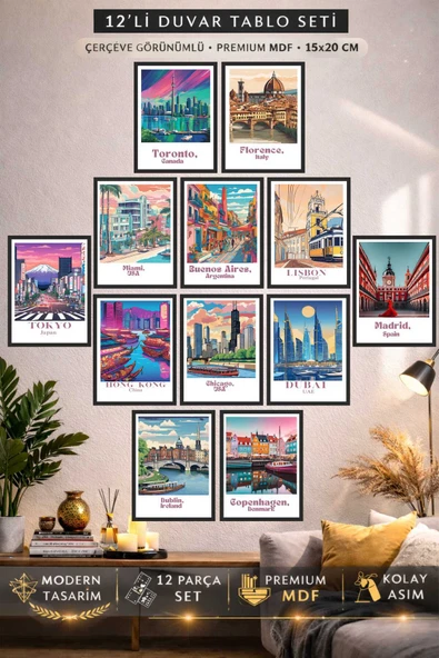 UNT 12 Parça Ahşap Çerçeve Görünümlü Travel Dünya Şehirleri Sanatsal Tablo Seti Çok Renkli 15 x 20 ürün görseli 1