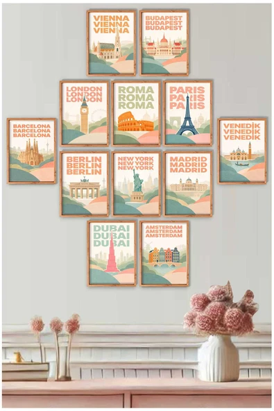 UNT Boho Tarz Dünya Şehirleri MDF Tablo Seti – 12’li 15x20 cm UV Baskı Duvar Dekoru Çok Renkli 15 x 20 ürün görseli 1