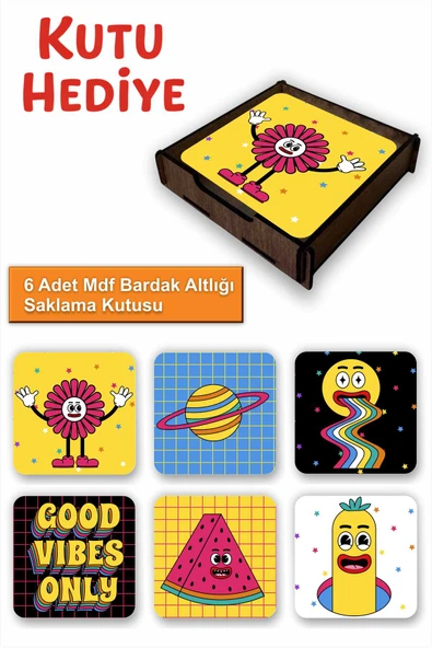 UNT Eğlanceli Renkli 6’lı MDF Bardak Altlığı Seti | Renkli Pop Art Tasarım | Ahşap Kutu Hediyeli ürün görseli 1
