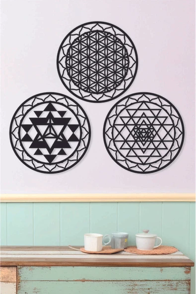 UNT 3 1ü Kutsal Geometri Seti ( Yaşam Çiçeği, Sri Yantra ve Merkaba) Siyah 30 x 30 ürün görseli 1
