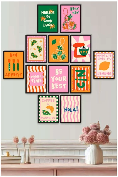 UNT Renkli Retro Yazılı 12’li Mutfak ve Kafe Duvar Tablo Seti – MDF Üzeri UV Baskı 15x20 cm Çok Renkli 20 x 15 ürün görseli 1