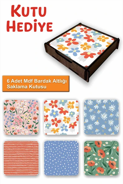 UNT 6’lı MDF Bardak Altlığı Saklama Kutulu – Çiçekler Temalı ürün görseli 1