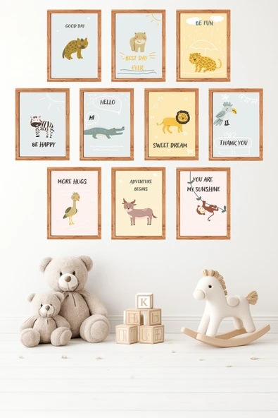 UNT 10'lu Çerçeve Görünümlü Bebek ve Çocuk Odası Duvar Tablo Seti – 15x20 cm MDF UV Baskı Çok Renkli 15 x 20 ürün görseli 1