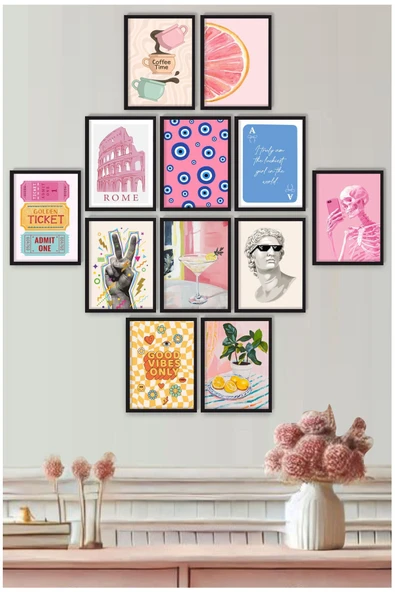 UNT Modern Dekoratif 12’li MDF Tablo Seti – Çerçeve Görünümlü Duvar Tablo Kolajı (Trend Tasarımlar) Çok Renkli 15 x 20 ürün görseli 1