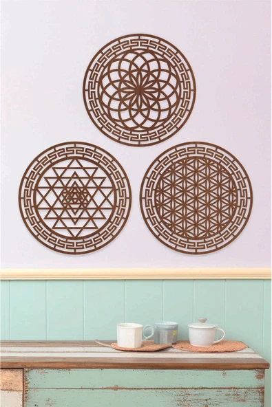 UNT MDF Yaşam Çiçeği, Sri Yantra ve Torus 4 lü Kutsal Geometri Seti Kahverengi 48 x 48 ürün görseli 1