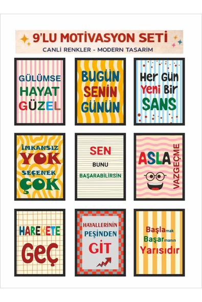 UNT Renkli Motivasyon Sözleri 9’lu Tablo Seti – Modern Duvar Dekoru, Ofis ve Ev İçin İlham Verici Çok Renkli 15 x 20 ürün görseli 1